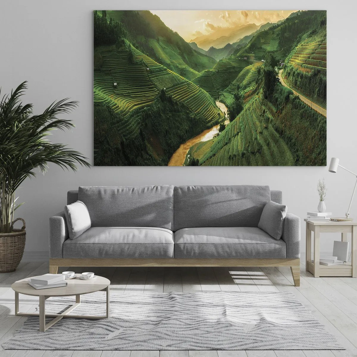 Tablou pe sticlă - Terase de orez pitorești în vale la apus - 70x50cm - Valea vietnameză - Decorațiune modernă pentru perete pentru living și dormitor ARTTOR