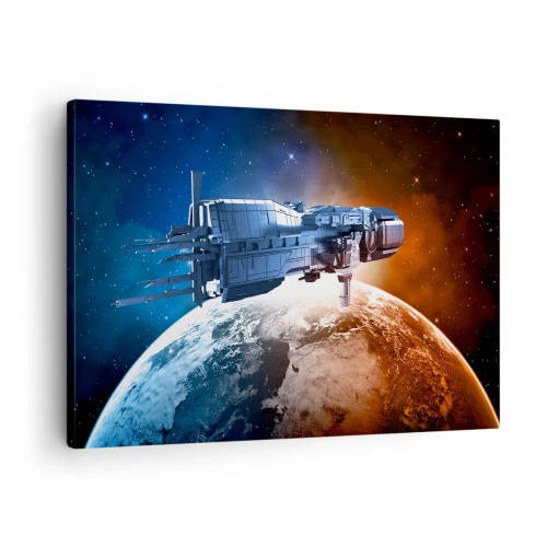 Tablou pe pânză Canvas - O navă spațială pe fundalul unei planete în spațiu - 70x50cm - Observator atent - Decorațiune modernă pentru perete pentru living și dormitor ARTTOR