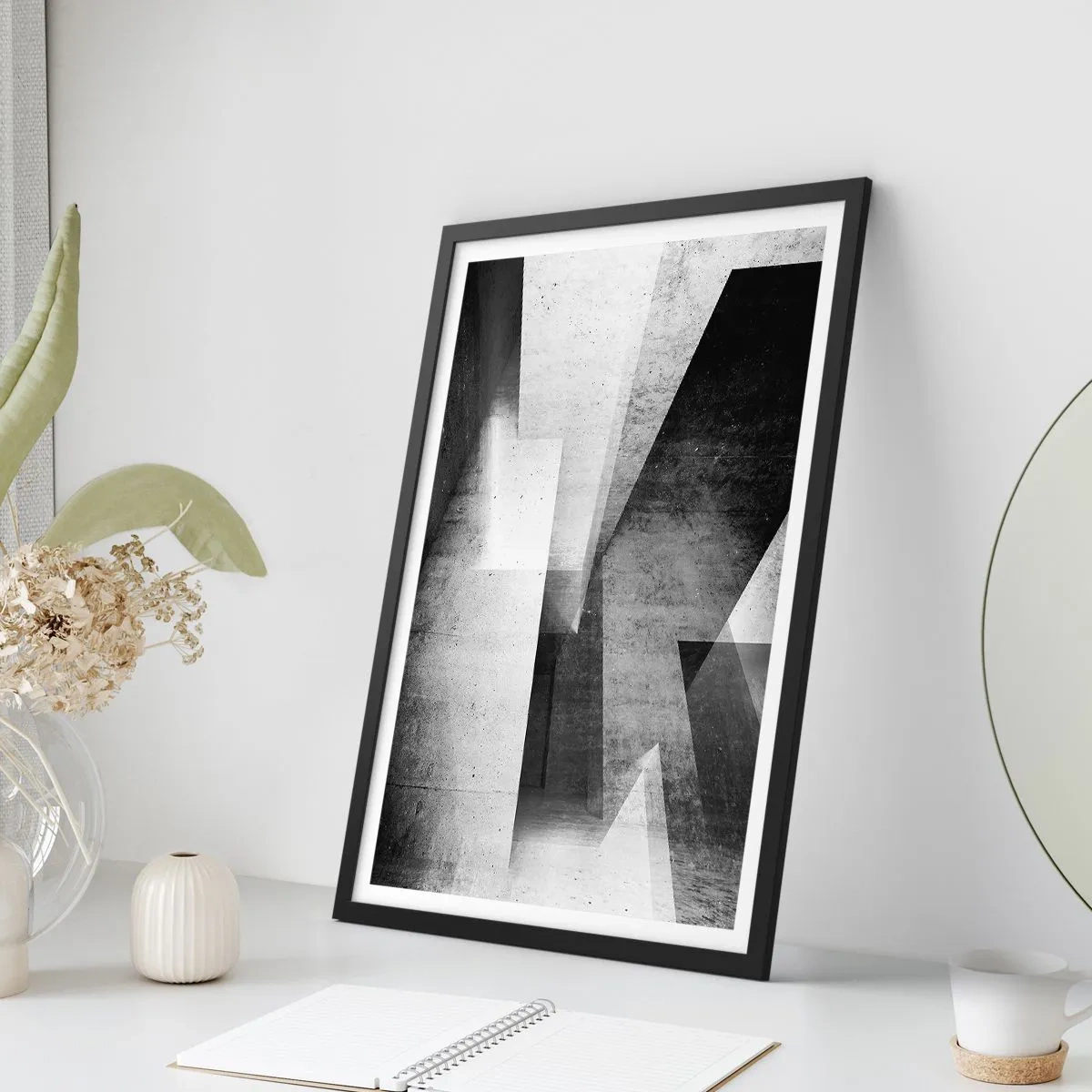 Poster în ramă neagră - Abstracție geometrică în alb și negru - 50x70cm - Structura spațiului - Decorațiune modernă pentru perete pentru living și dormitor ARTTOR