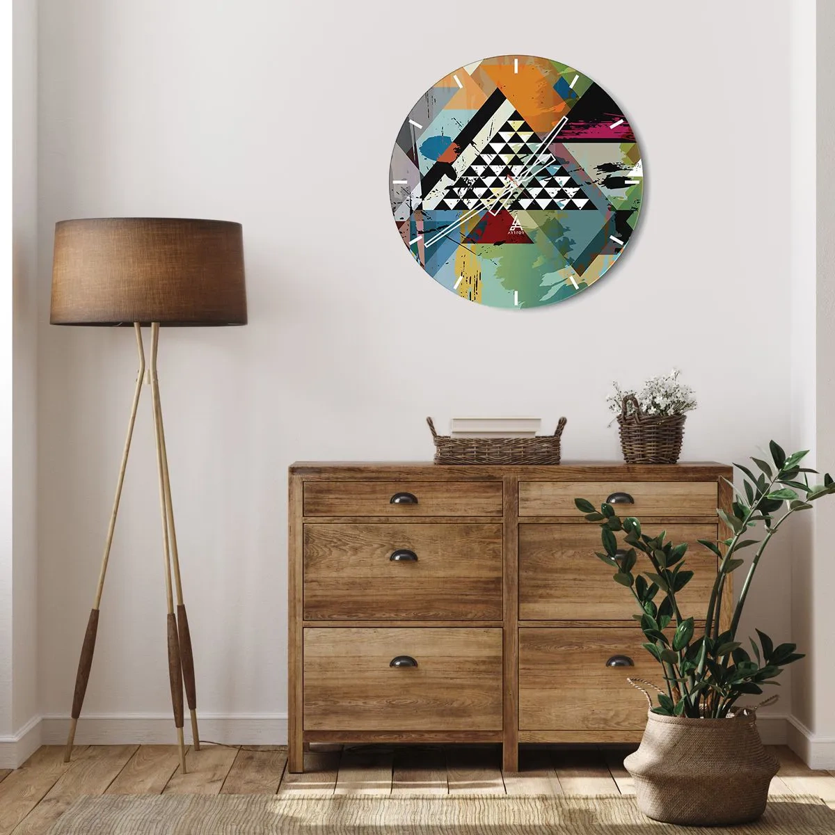 Ceas de perete - Ceas pe sticlă - Un cadran de ceas cu un motiv geometric abstract în culori vii. - 30x30cm - Cât de simplu - Decorațiune modernă pentru perete pentru living, bucătărie și dormitor ARTTOR
