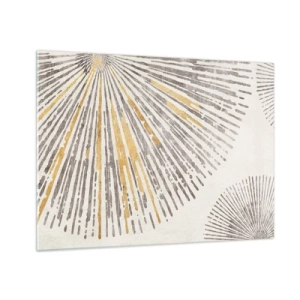Tablou pe sticlă - Linii radiale în nuanțe de auriu și gri pe un fundal deschis - 70x50cm - Frumusețea razei - Decorațiune modernă pentru perete pentru living și dormitor ARTTOR