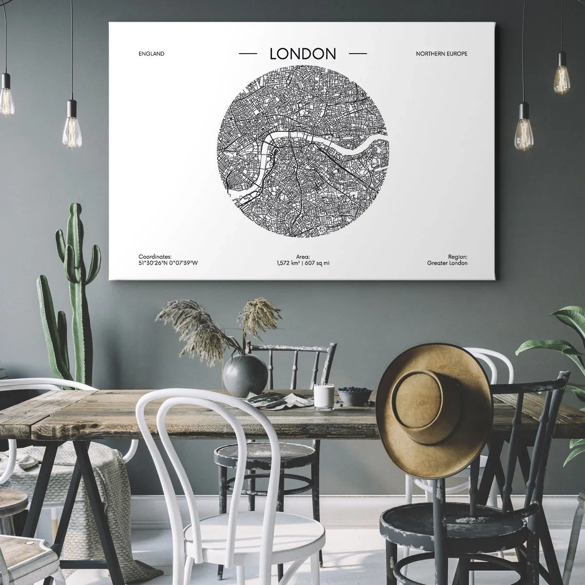Tablou pe pânză Canvas - O hartă minimalistă a Londrei, alb-negru, cu detalii precise. - 70x50cm - Anatomia Londrei - Decorațiune modernă pentru perete pentru living și dormitor ARTTOR