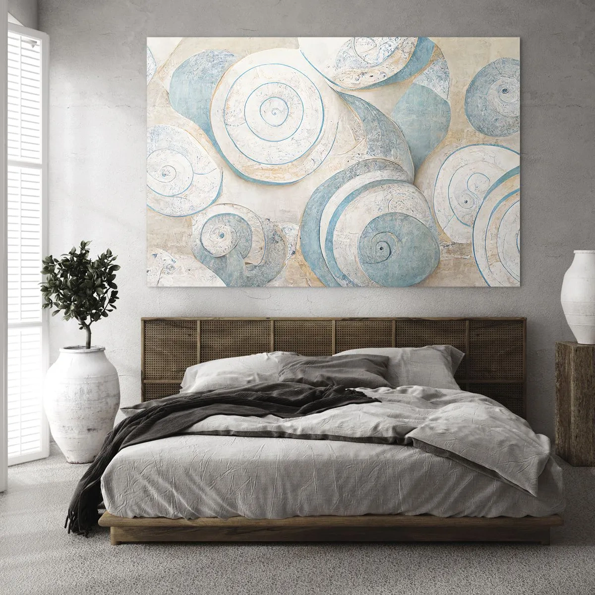 Tablou pe sticlă - Scoici într-o paletă albastră și bej pe un fundal structurat - 70x50cm - Ce ascunde cochilia? - Decorațiune modernă pentru perete pentru living și dormitor ARTTOR