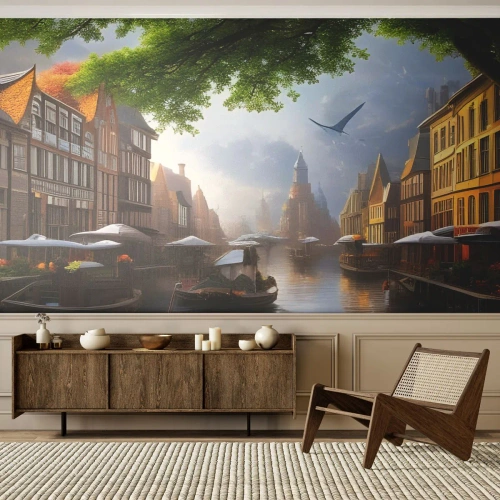 Tapet Premium Canvas - Peisaj urban olandez - Oras vechi, Bărci, Canal - 250x175 cm