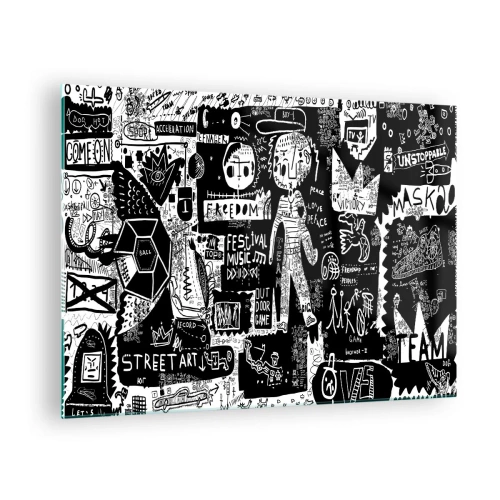 Tablou pe sticlă - Grafică în stil street art alb-negru cu personaje și simboluri - 70x50cm - Tinerețea duhovnicească a legii și a bucuriei - Decorațiune modernă pentru perete pentru living și dormitor ARTTOR