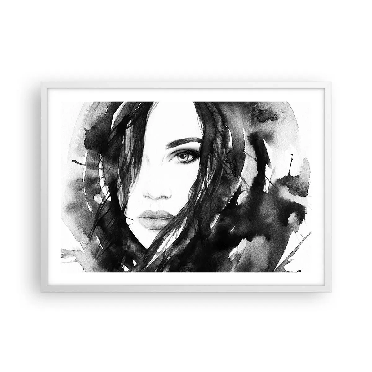 Poster în ramă albă - Studiu unei dame în alb și negru - 70x50 cm