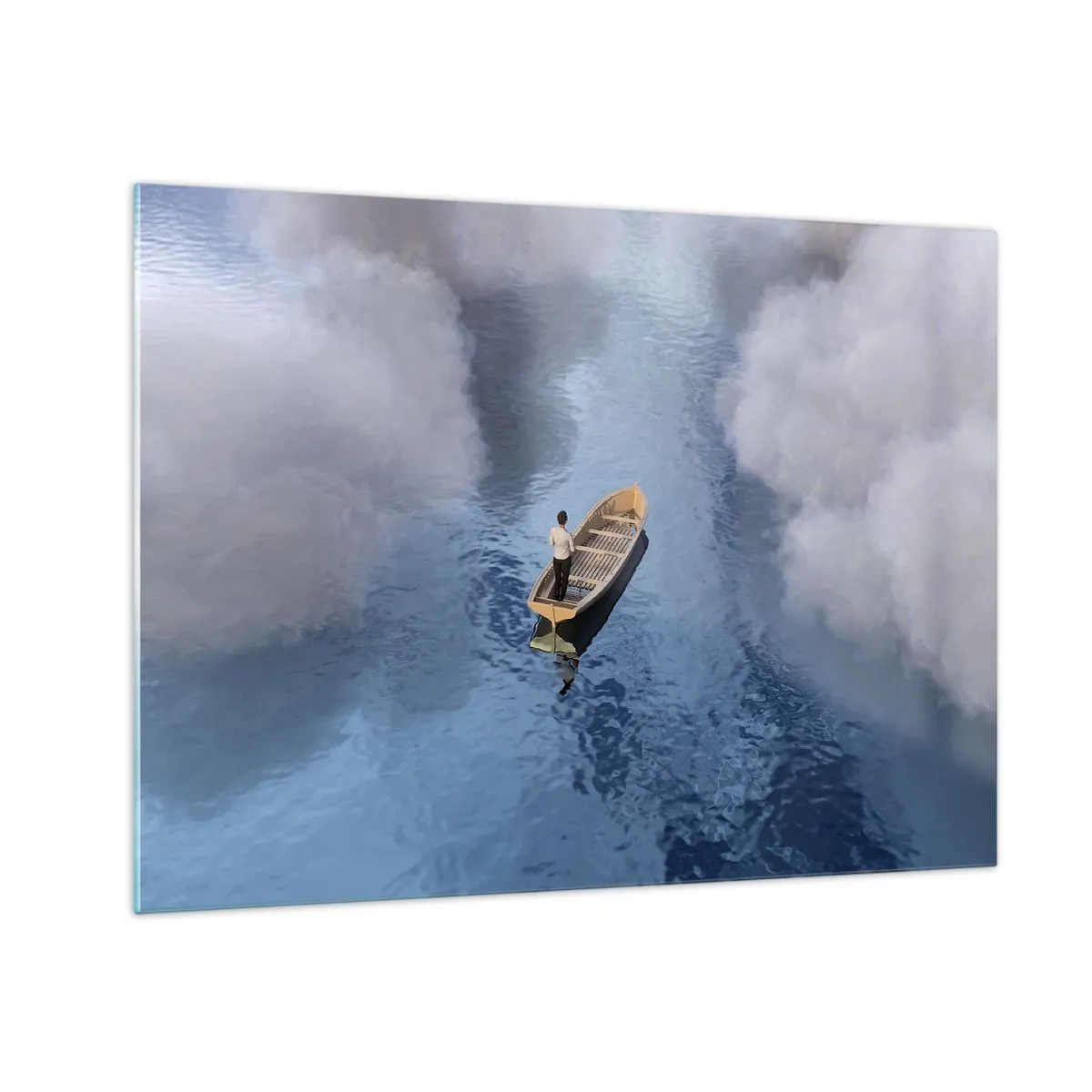 Tablou pe sticlă - Un bărbat într-o barcă navigând prin apă printre nori - 70x50cm - Viață - călătorie - necunoscut - Decorațiune modernă pentru perete pentru living și dormitor ARTTOR