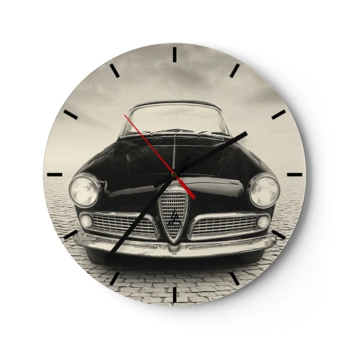 Ceas de perete - Ceas pe sticlă - Partea din față a unei mașini retro clasice pe un drum pietruit - 30x30cm - Și cum să nu mă iubești? - Decorațiune modernă pentru perete pentru living, bucătărie și dormitor ARTTOR