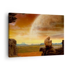 Tablou pe pânză Canvas - Maimuțe așezate pe o stâncă într-un peisaj suprarealist cu o planetă gigantică - 70x50cm - Iubirea peste tot la fel - Decorațiune modernă pentru perete pentru living și dormitor ARTTOR