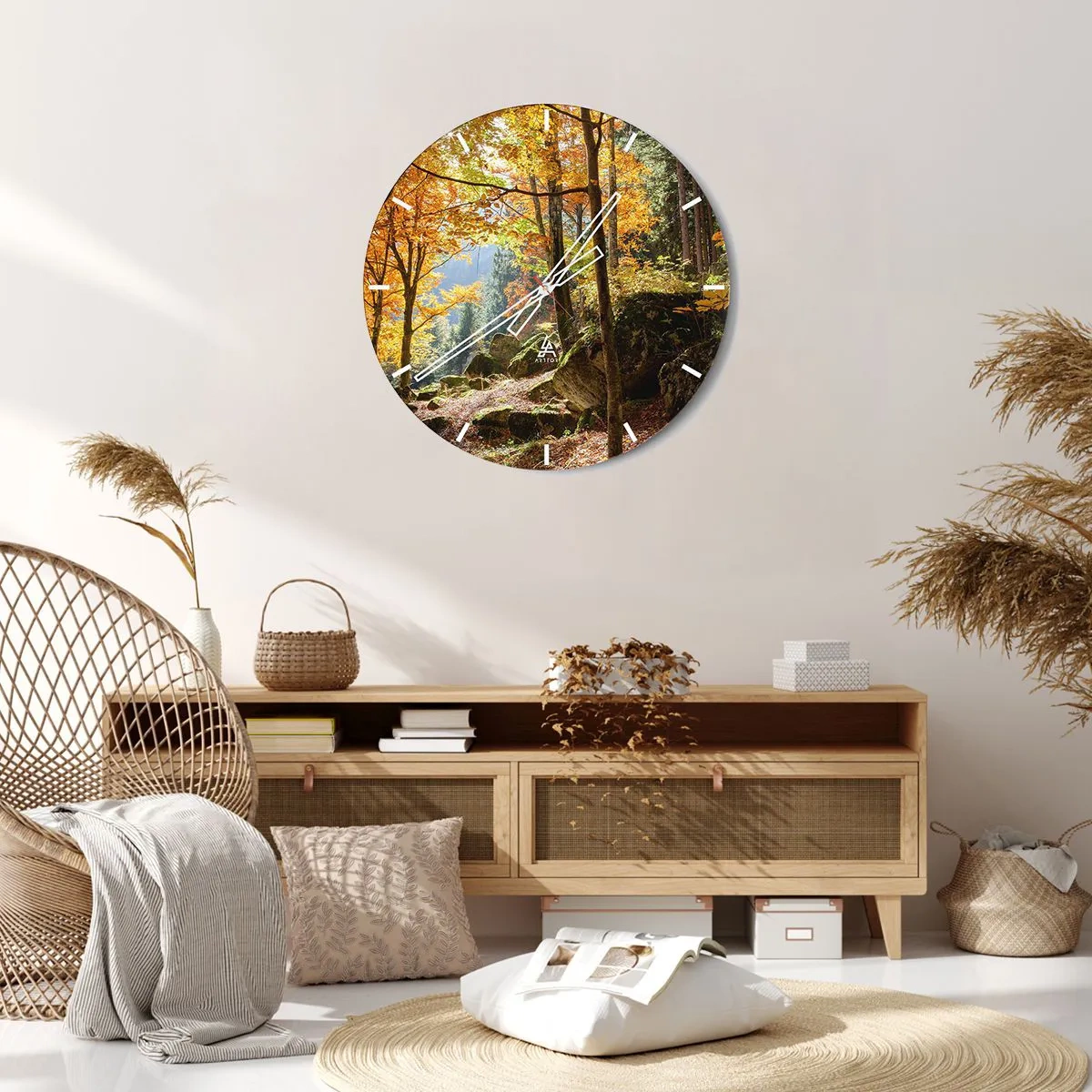 Ceas de perete - Ceas pe sticlă - Pădure de toamnă cu raze de soare - 30x30cm - Timp de relaxare - Decorațiune modernă pentru perete pentru living, bucătărie și dormitor ARTTOR