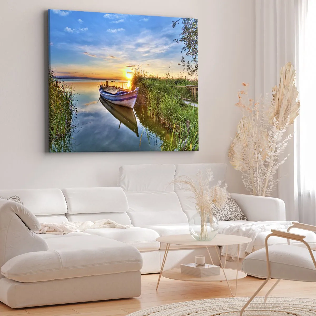 Tablou pe pânză Canvas - O barcă într-un golf liniștit la apus - 70x50cm - Golfulețul viselor împlinite - Decorațiune modernă pentru perete pentru living și dormitor ARTTOR