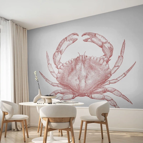 Tapet Standard Eco - Ilustrație de crab roșu pe fundal deschis, în stil grafic - 100x70cm - Crab peste crabi - Decorațiune modernă pentru perete pentru living și dormitor ARTTOR