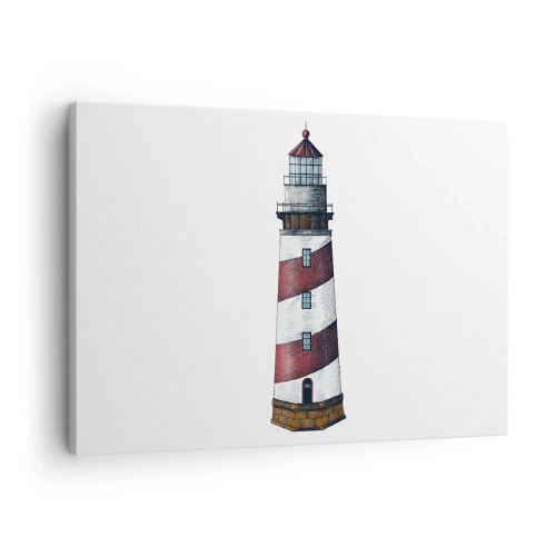 Tablou pe pânză Canvas - O imagine de desen animat a unui far cu dungi roșii și albe pe un fundal minimalist. - 70x50cm - Întotdeauna de veghe - Decorațiune modernă pentru perete pentru living și dormitor ARTTOR