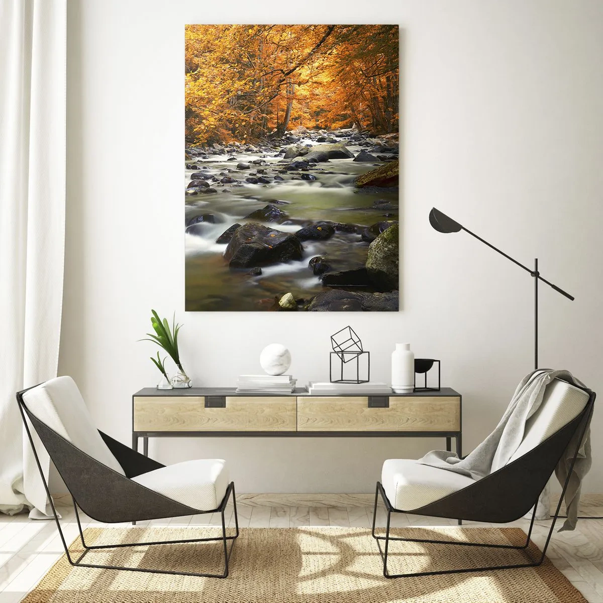Tablou pe sticlă - Un pârâu într-o pădure de aur - 50x70 cm