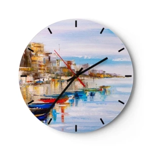 Ceas de perete - Ceas pe sticlă - Un refugiu urban colorat în stil impresionist - 30x30cm - Port urban multicolor - Decorațiune modernă pentru perete pentru living, bucătărie și dormitor ARTTOR