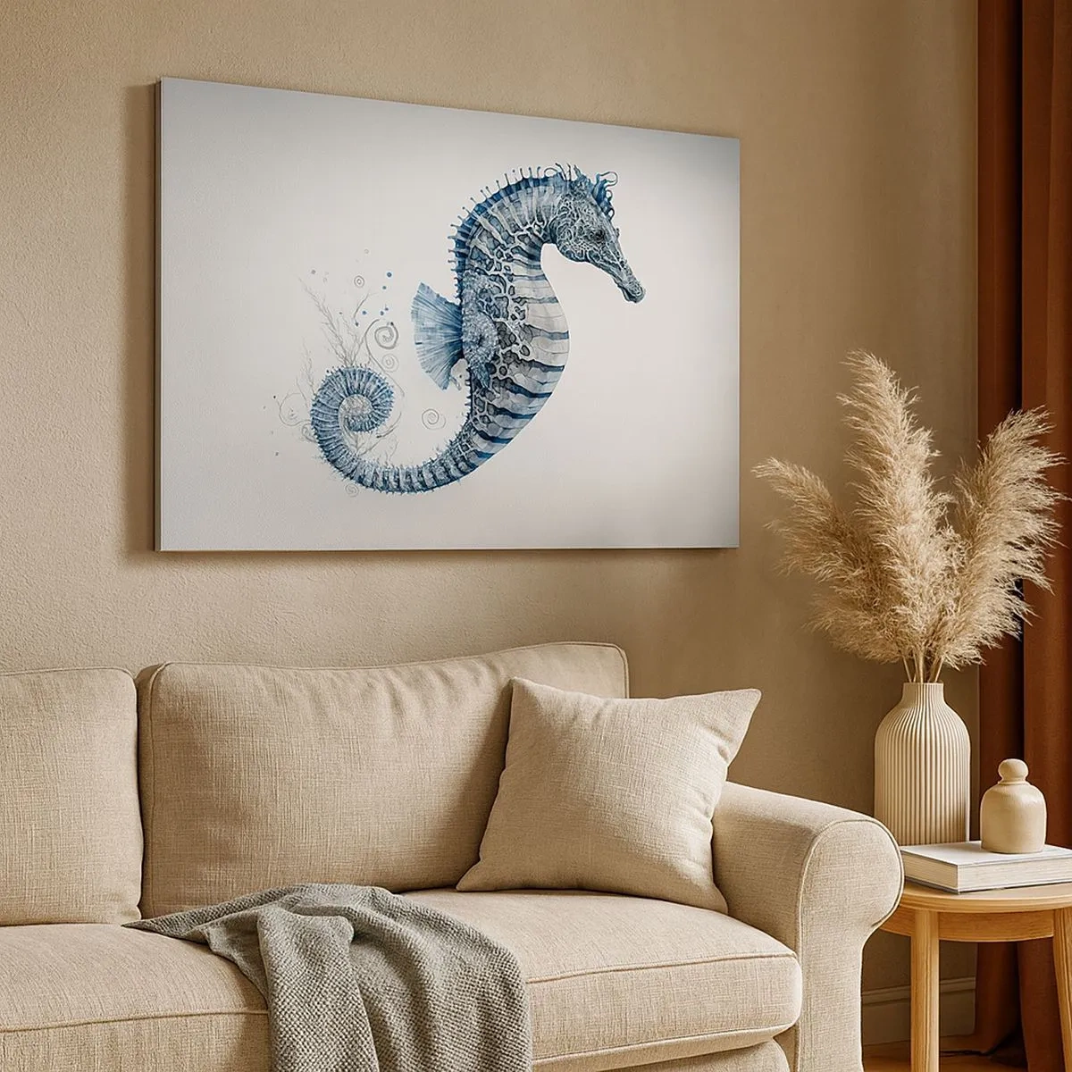Tablou pe pânză Canvas - Căluț de mare în nuanțe de albastru cu detalii în acuarelă - 70x50cm - O glumă inocentă a naturii - Decorațiune modernă pentru perete pentru living și dormitor ARTTOR