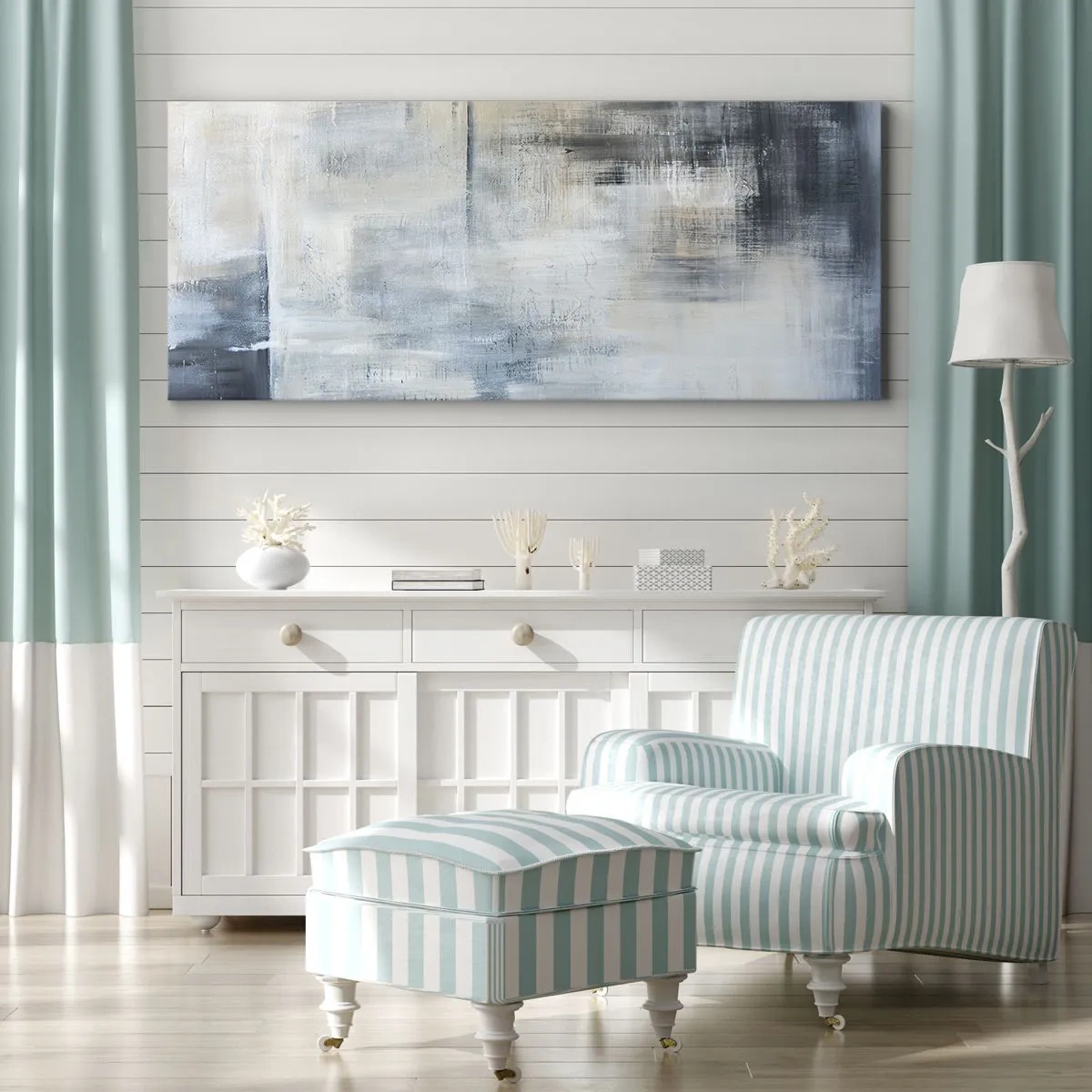 Tablou pe pânză - În spatele unui voal albastru - 140x50 cm