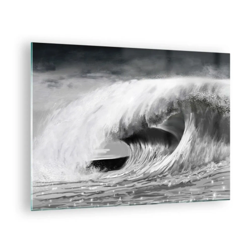 Tablou pe sticlă - Un val puternic surprins într-o estetică alb-negru - 70x50cm - Mânia oceanului - Decorațiune modernă pentru perete pentru living și dormitor ARTTOR