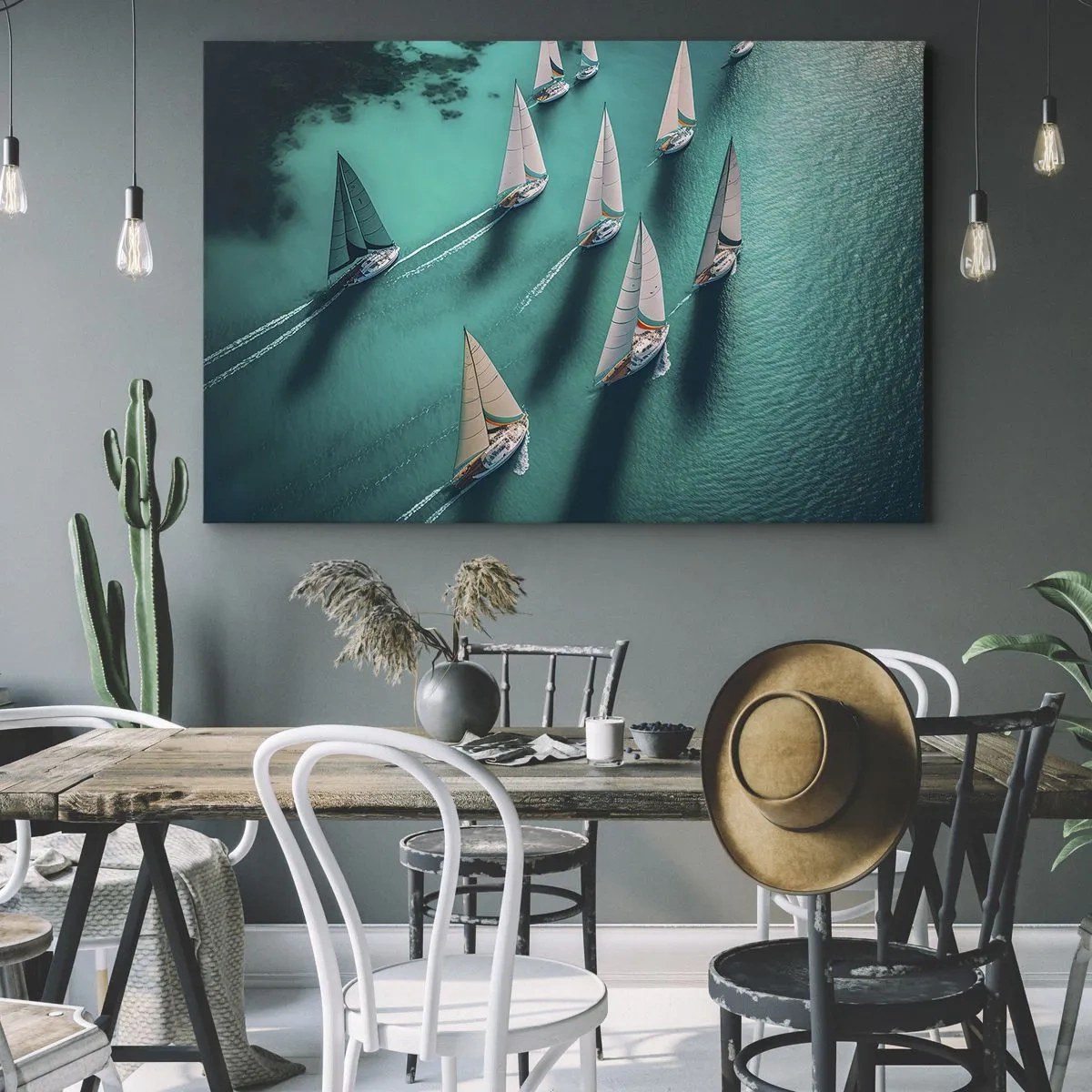 Tablou pe pânză Canvas - Iahturi pe ape turcoaz în mișcare dinamică - 70x50cm - Cursa cu vântul - Decorațiune modernă pentru perete pentru living și dormitor ARTTOR