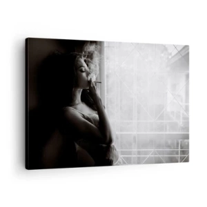 Tablou pe pânză Canvas - O femeie într-o poză senzuală într-o fotografie alb-negru - 70x50cm - Un moment senzual - Decorațiune modernă pentru perete pentru living și dormitor ARTTOR