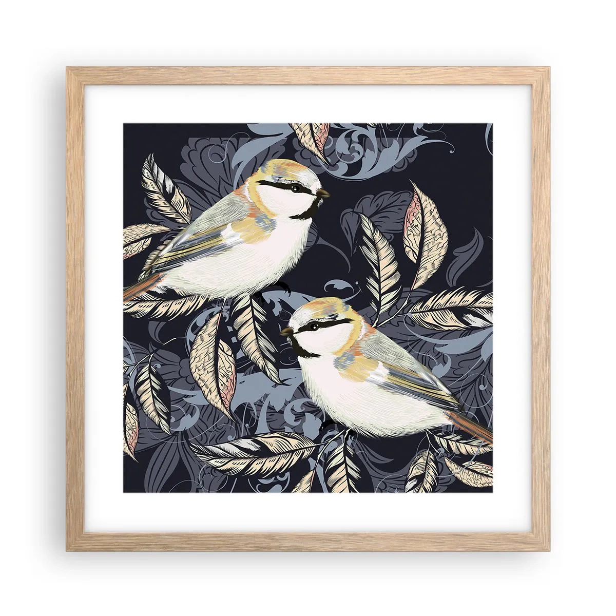 Poster în ramă de stejar deschis - Ciripirile galben-albastru - 40x40 cm