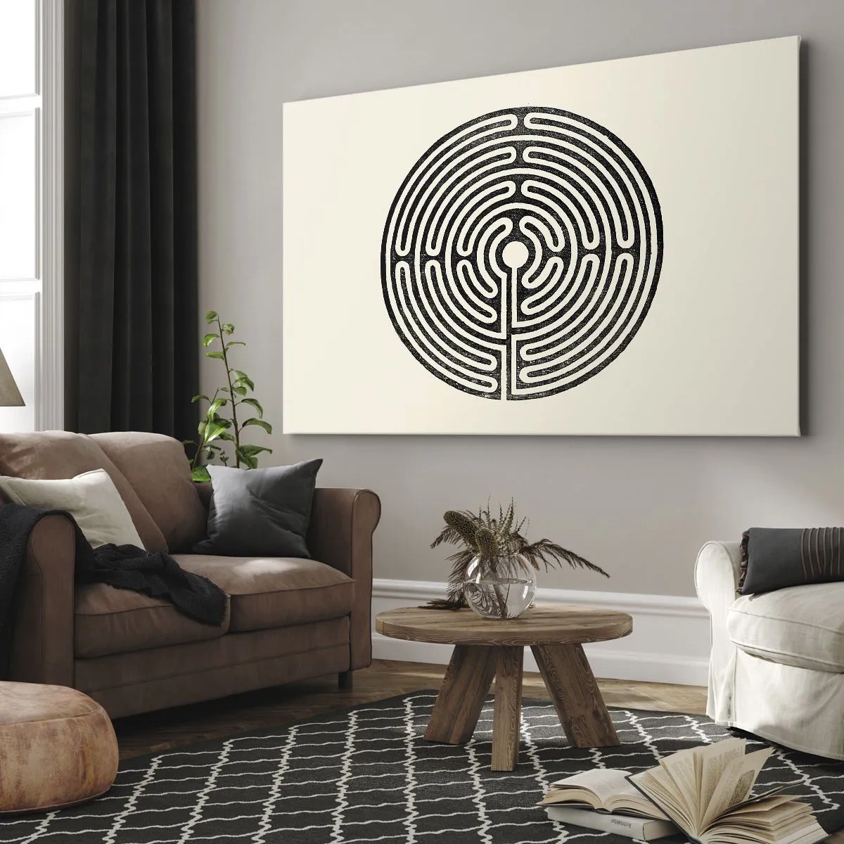 Tablou pe pânză Canvas - Labirint circular alb-negru pe un fundal deschis - 70x50cm - Ordine secretă - Decorațiune modernă pentru perete pentru living și dormitor ARTTOR
