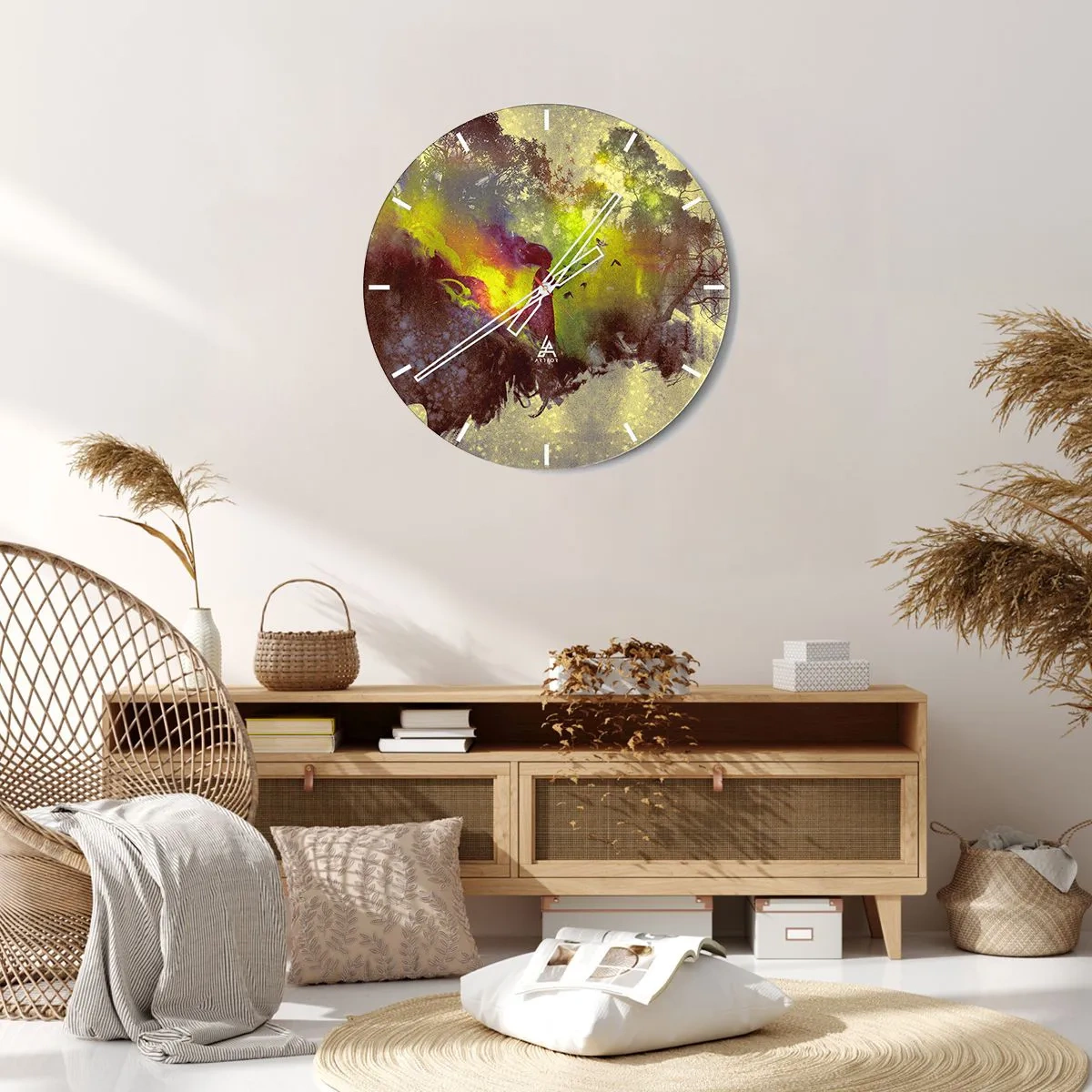 Ceas de perete - Ceas pe sticlă - Peisaj abstract cu elemente și culori naturale - 30x30cm - Mama Natură - Decorațiune modernă pentru perete pentru living, bucătărie și dormitor ARTTOR