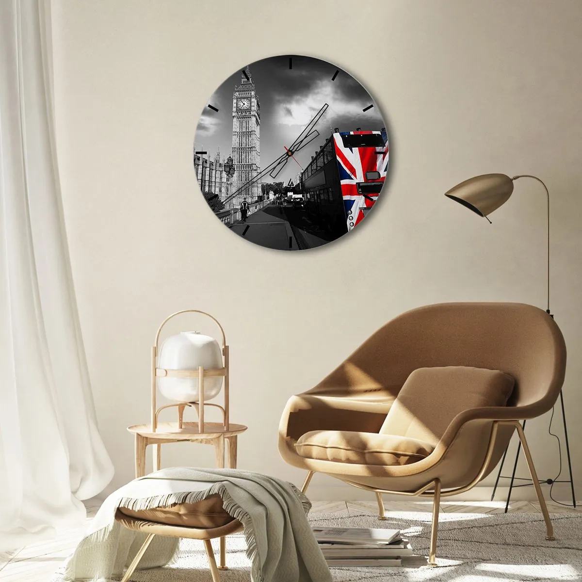 Ceas de perete - Ceas pe sticlă - Big Ben și un autobuz cu motivul steagului britanic - 30x30cm - Mândru și mare - Decorațiune modernă pentru perete pentru living, bucătărie și dormitor ARTTOR
