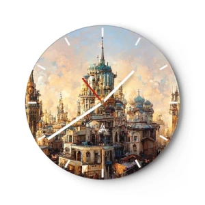 Ceas de perete - Ceas pe sticlă - Turnurile și clădirile unui oraș fantastic la apus - 30x30cm - Orașul tuturor orașelor - Decorațiune modernă pentru perete pentru living, bucătărie și dormitor ARTTOR