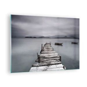 Tablou pe sticlă - Un dig de lemn pe un lac într-o zi cețoasă - 70x50cm - Poți pleca mâine - Decorațiune modernă pentru perete pentru living și dormitor ARTTOR
