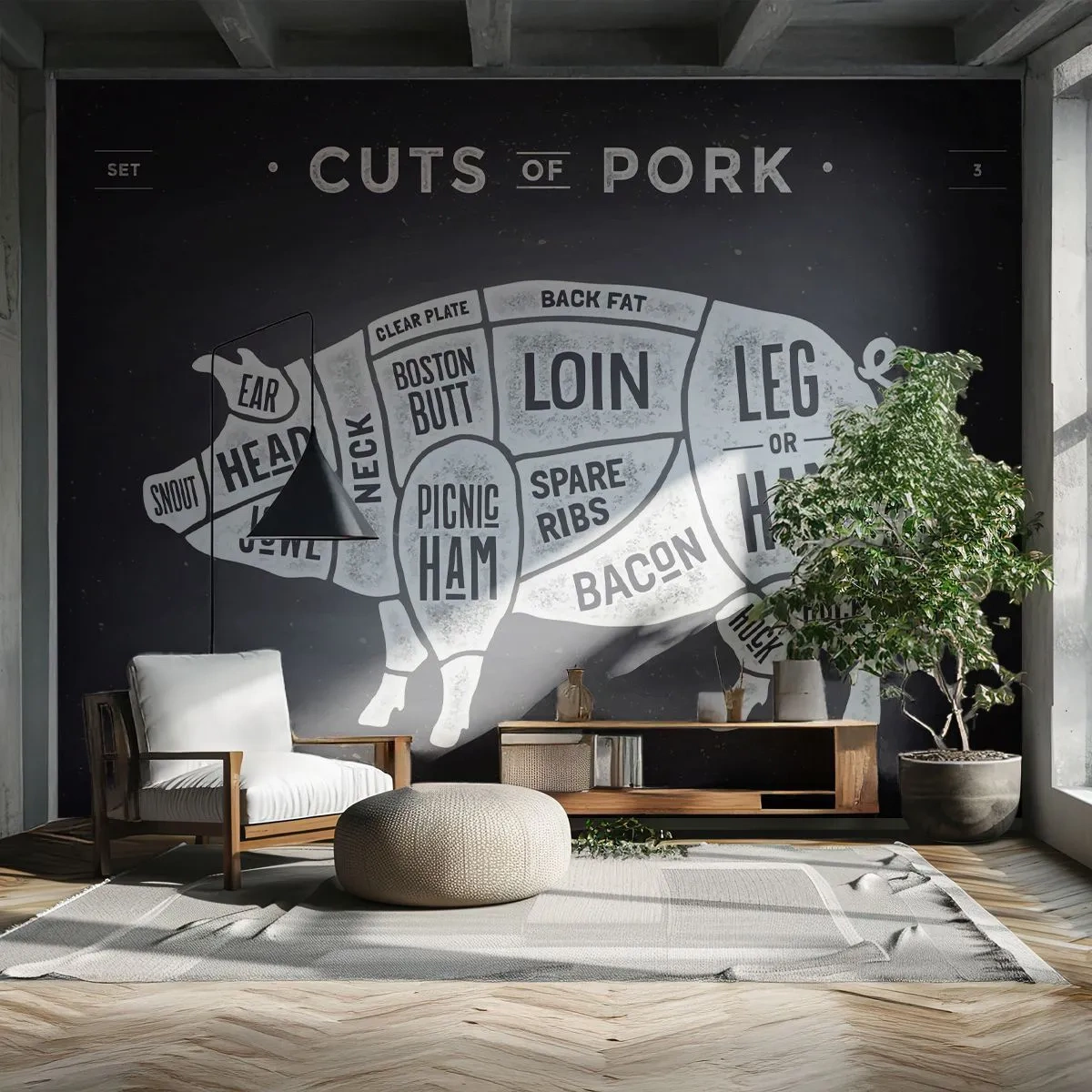 Tapet Autoadeziv Deluxe Sticker - Abecedar de măcelar - Gastronomie, Animal Porc, Porc - 250x175 cm