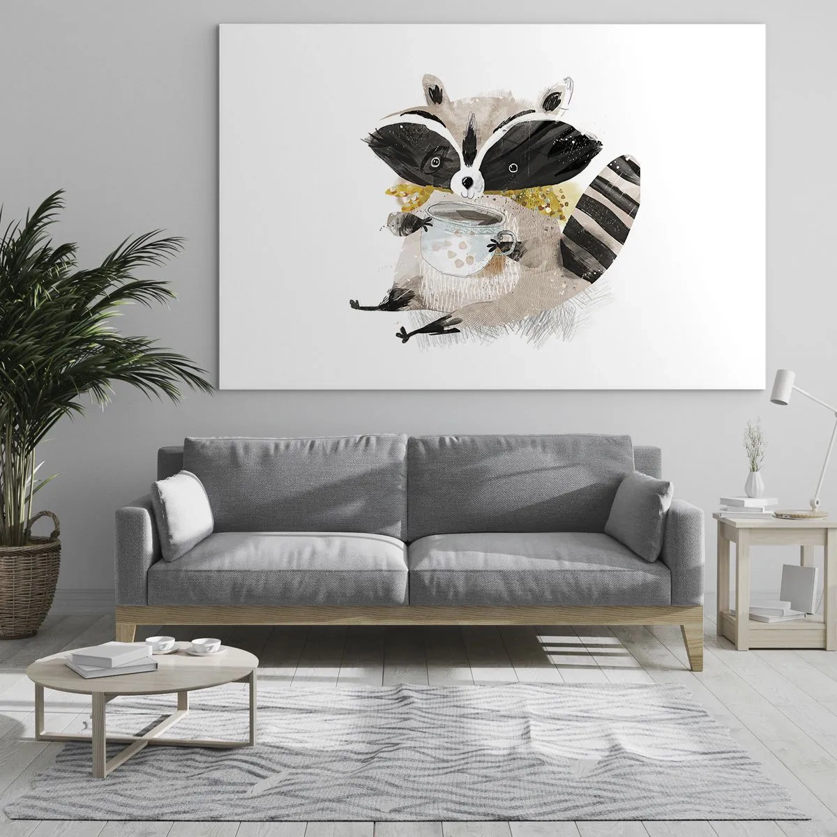 Tablou pe sticlă - Un raton drăguț care ține o cană de băutură - 70x50cm - Prietenul meu ratonul - Decorațiune modernă pentru perete pentru living și dormitor ARTTOR