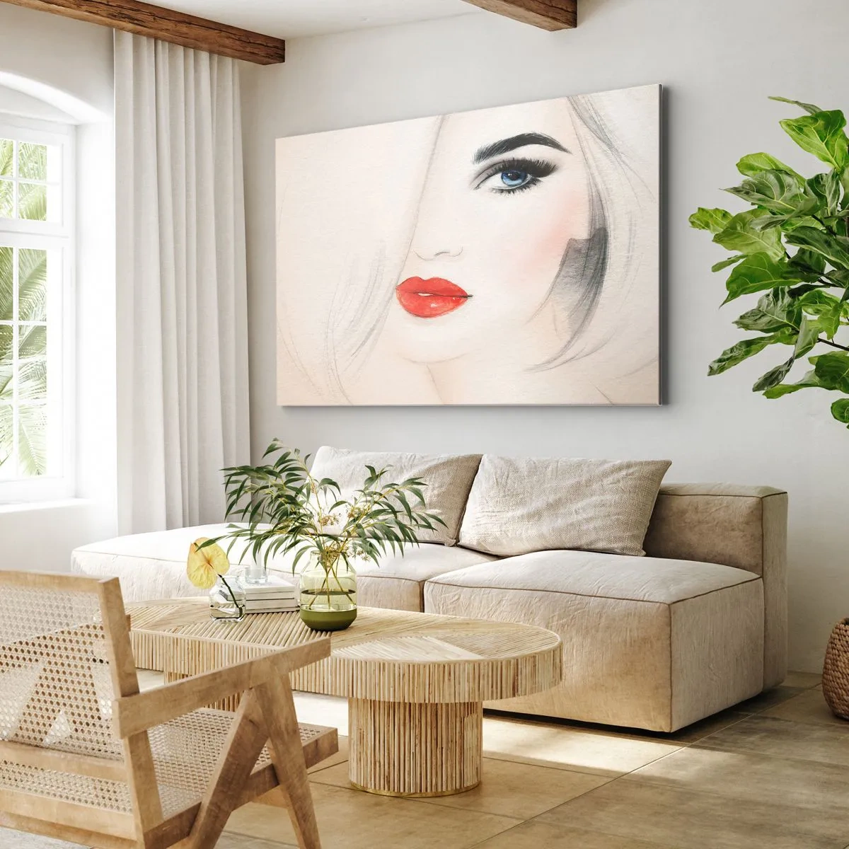Tablou pe pânză Canvas - Un portret minimalist al unei femei cu ochi albaștri și buze roșii. - 70x50cm - Hipnotizează și intoxică - Decorațiune modernă pentru perete pentru living și dormitor ARTTOR
