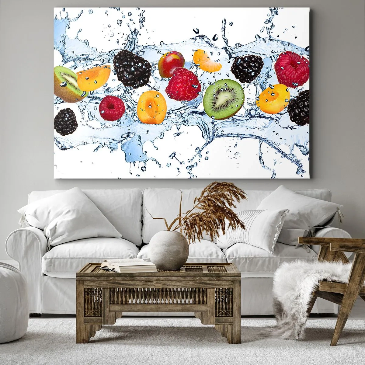 Tablou pe pânză Canvas - Fructe colorate scufundate în stropi de apă pe un fundal alb - 70x50cm - Joacă-te cu noi - Decorațiune modernă pentru perete pentru living și dormitor ARTTOR