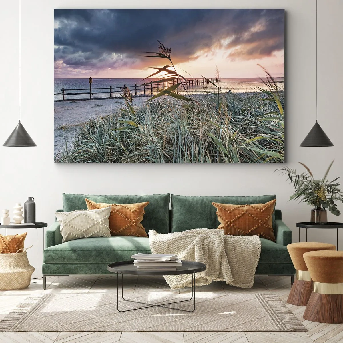 Tablou pe pânză Canvas - Plajă la apus cu ierburi în prim-plan - 70x50cm - Nu trece cu vântul - Decorațiune modernă pentru perete pentru living și dormitor ARTTOR