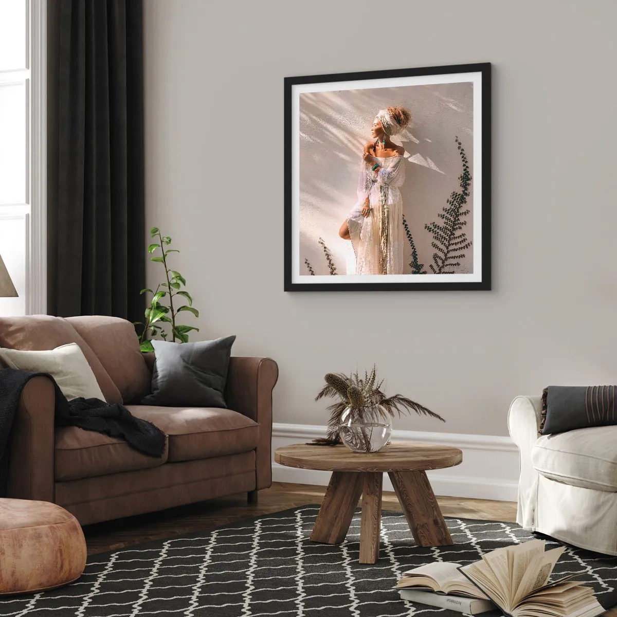 Poster în ramă neagră - Soarele și fata - 60x60 cm