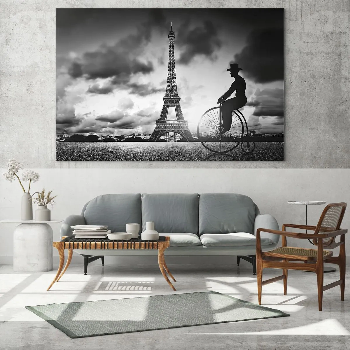 Tablou pe sticlă - Turnul Eiffel cu bicicletă retro în alb și negru - 70x50cm - Dorul de Belle Epoque - Decorațiune modernă pentru perete pentru living și dormitor ARTTOR