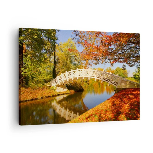 Tablou pe pânză Canvas - Un pod într-un parc înconjurat de frunze de toamnă peste o apă calmă - 70x50cm - Pe podul alb al suspinelor - Decorațiune modernă pentru perete pentru living și dormitor ARTTOR