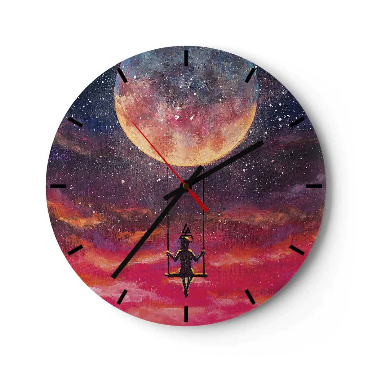 Ceas de perete - Ceas pe sticlă - O fată pe un leagăn suspendat sub lună - 30x30cm - Cu capul în nori - Decorațiune modernă pentru perete pentru living, bucătărie și dormitor ARTTOR