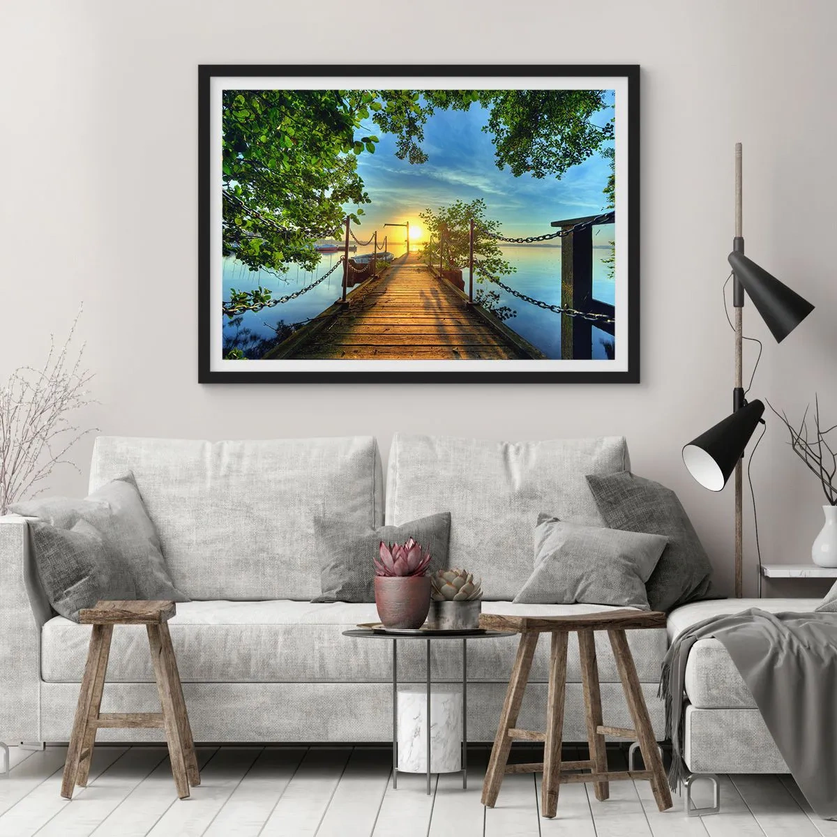 Poster în ramă neagră - Apusul la malul apei - 100x70 cm