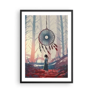 Poster în ramă neagră - O figură în pădure cu un captator de vise pe un fundal pastel. - 50x70cm - Ritualul secret al fericirii - Decorațiune modernă pentru perete pentru living și dormitor ARTTOR