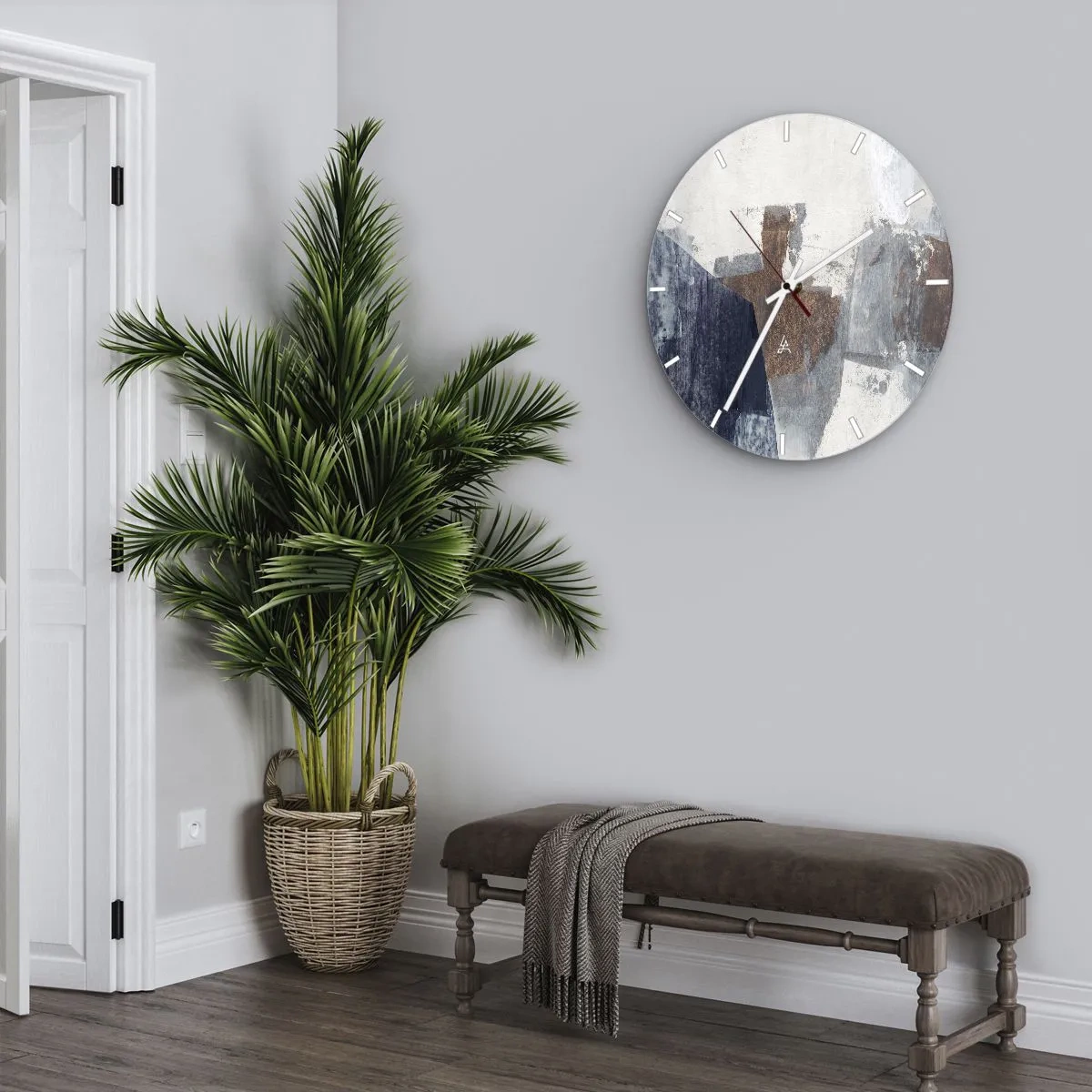 Ceas de perete - Ceas pe sticlă - O compoziție abstractă în nuanțe de maro și albastru marin. - 30x30cm - Forme albastre-maronii - Decorațiune modernă pentru perete pentru living, bucătărie și dormitor ARTTOR