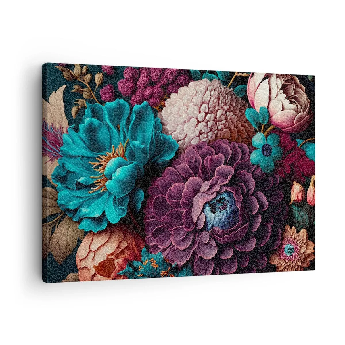 Tablou pe pânză Canvas - Un buchet de flori în culori intense pe un fundal închis - 70x50cm - Natura în abundență - Decorațiune modernă pentru perete pentru living și dormitor ARTTOR
