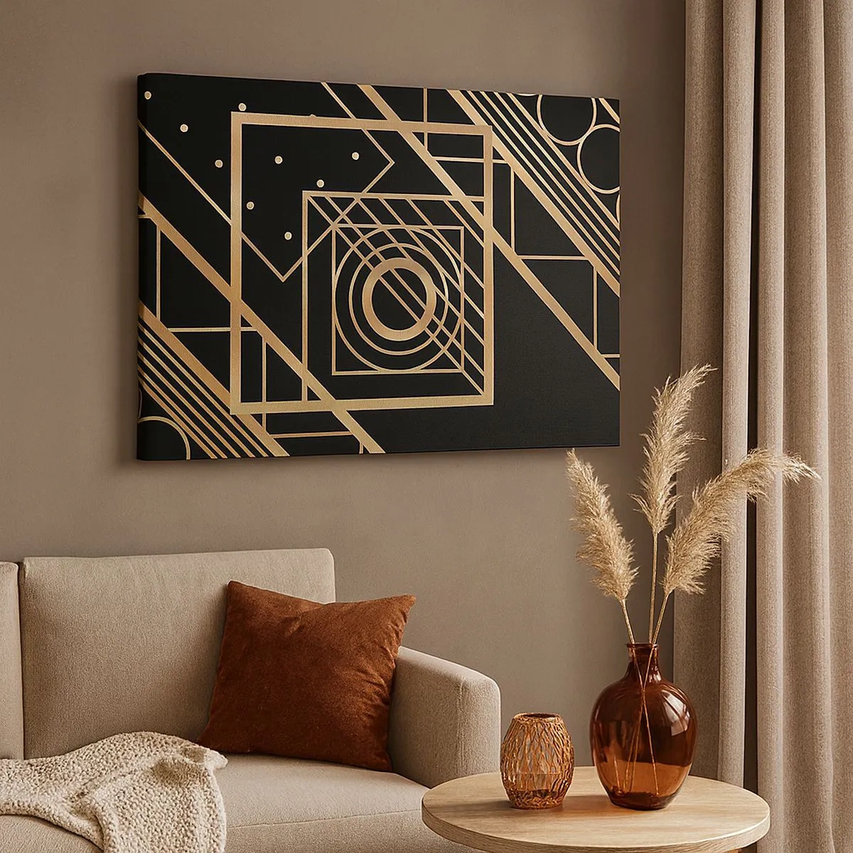 Tablou pe pânză Canvas - Modele geometrice aurii pe fundal negru - 70x50cm - Geometrie de aur - Decorațiune modernă pentru perete pentru living și dormitor ARTTOR