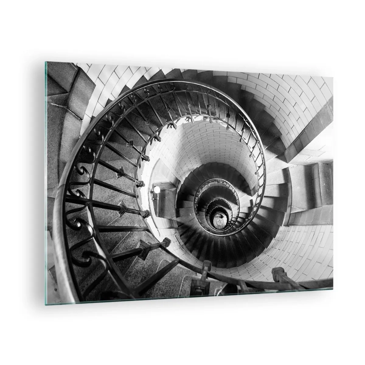 Tablou pe sticlă - Fotografie alb-negru a unei scări în spirală în perspectivă - 70x50cm - Din ce în ce mai sus - Decorațiune modernă pentru perete pentru living și dormitor ARTTOR