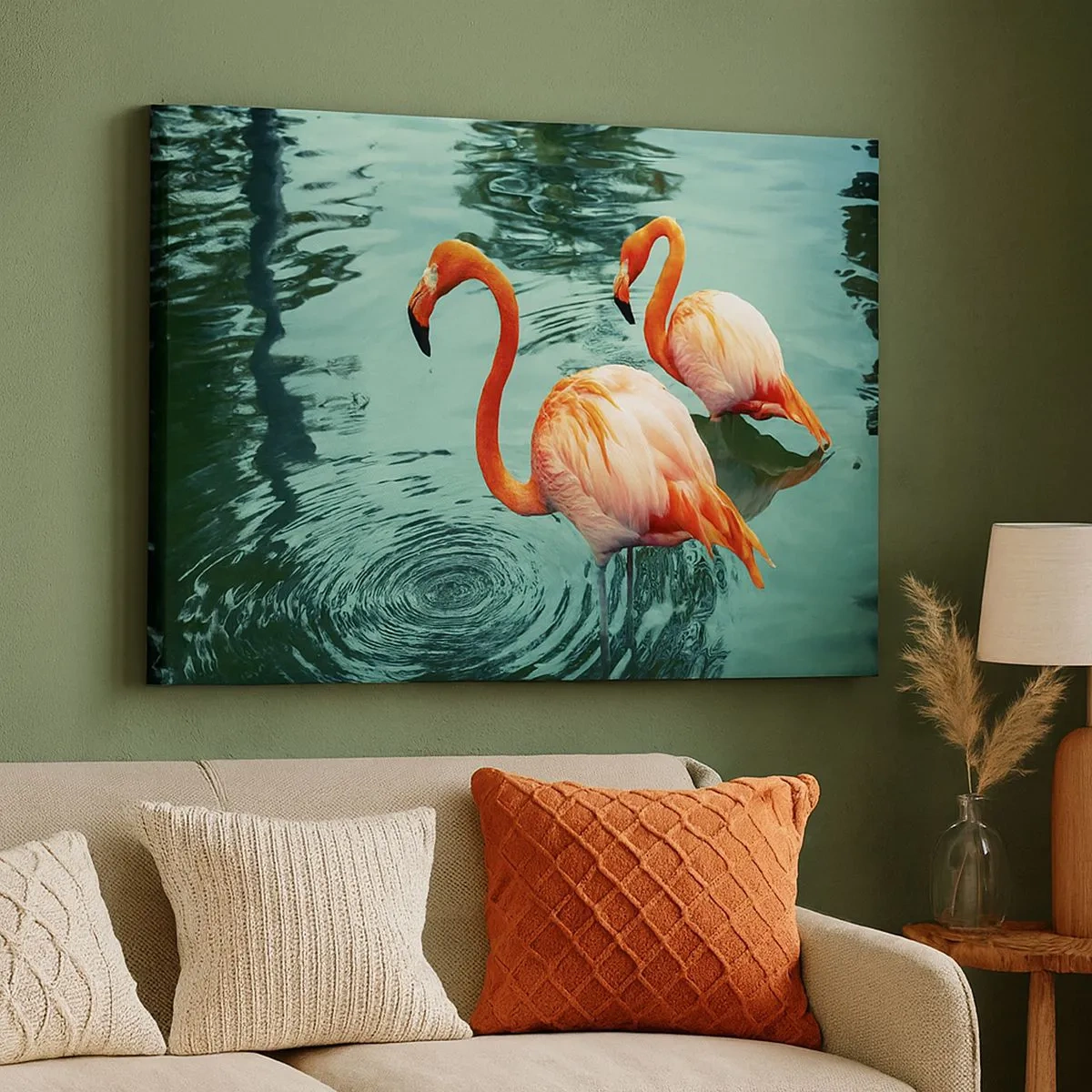 Tablou pe pânză Canvas - Doi flamingi în apa calmă reflectând împrejurimile lor - 70x50cm - Suntem bune de revistele de modă - Decorațiune modernă pentru perete pentru living și dormitor ARTTOR