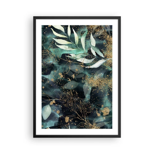 Poster în ramă neagră - Frunze verzi și accente aurii pe un fundal închis - 50x70cm - Grădina fermecată - Decorațiune modernă pentru perete pentru living și dormitor ARTTOR