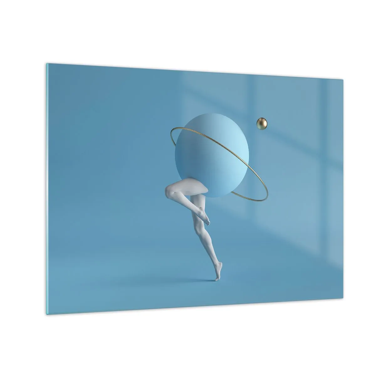 Tablou pe sticlă - O compoziție minimalistă a unei planete cu picioare umane pe albastru. - 70x50cm - Și planetele o iau razna - Decorațiune modernă pentru perete pentru living și dormitor ARTTOR