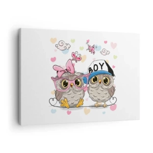Tablou pe pânză Canvas - Două bufnițe adorabile înconjurate de inimioare - 70x50cm - Să ne iubim! - Decorațiune modernă pentru perete pentru living și dormitor ARTTOR
