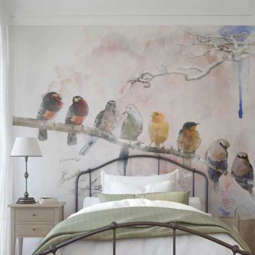 Tapet Standard Eco - Păsări în acuarelă așezate pe o creangă în culori pastelate - 100x70cm - Întâlnire înaripată - Decorațiune modernă pentru perete pentru living și dormitor ARTTOR